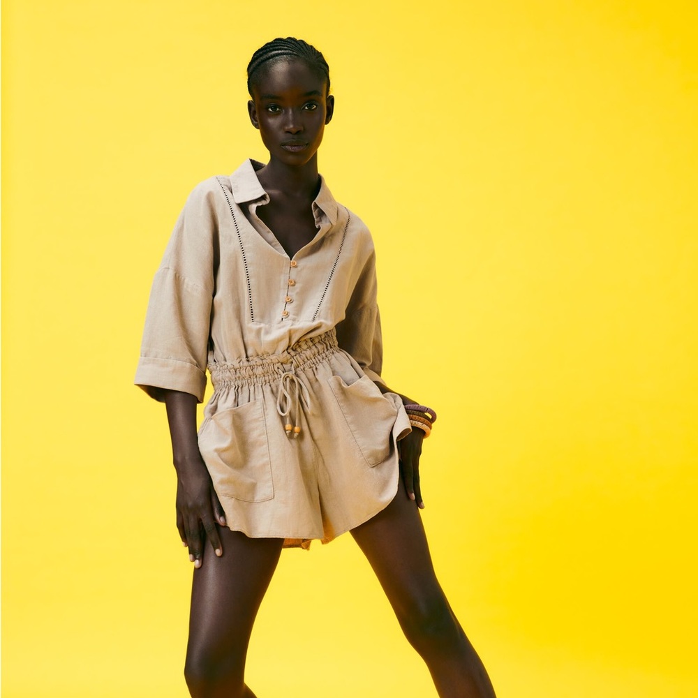 Zara Linen Blend Short Oversized Jumpsuit Romper Small